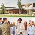 Gebäude der Oberberg Fachklinik Konraderhof sowie glückliche Menschen nach einer Weiterbildung